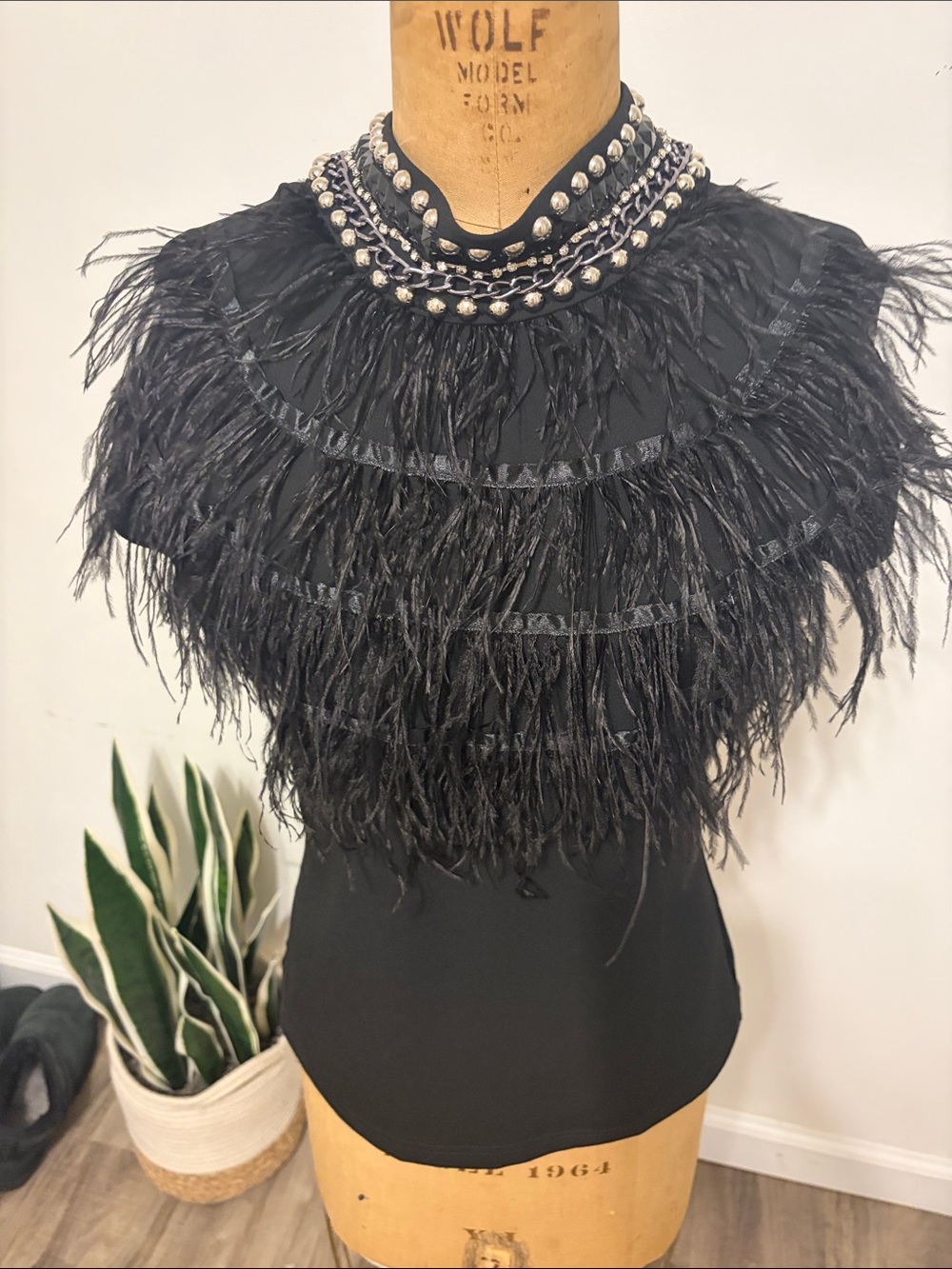 Black Feather-Trim Mock Neck Too with Beaded Studded Collar